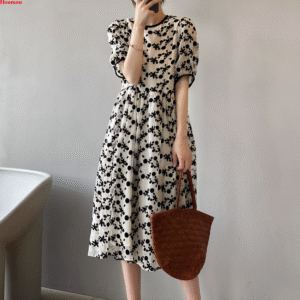 Korean Women Floral Layered Loose Casual Summer Beach Pleated Boho Shirt Dress