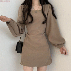 Korean Women Retro Square Neck Puff Sleeve A-line Mini Party Fall Winter Dress