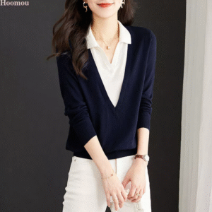 Korean Women's Colorblock V-neck Fall Spring Knitted Tops Blouse T Shirt Sweater