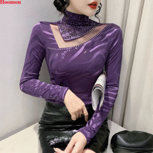 Women Mock High Neck Rhinestone Slim Fit Mesh Party Cocktail Tops Shirts Blouse